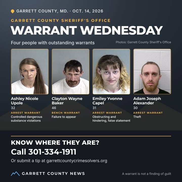 Warrant Wednesday: four people with outstanding warrants, Garrett County Sheriff's Office
