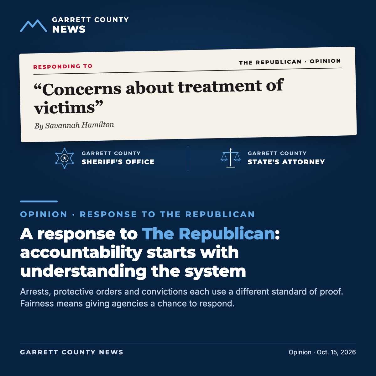 Garrett County News opinion graphic responding to The Republican's letter 'Concerns about treatment of victims'
