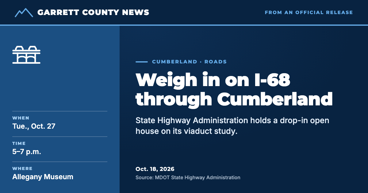 GCN text card: Weigh in on I-68 through Cumberland, open house Tuesday, Oct. 27, 5 to 7 p.m. at the Allegany Museum