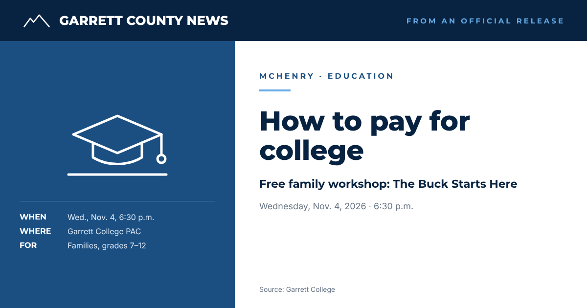 GCN text card: The Buck Starts Here, a free paying-for-college workshop, Wednesday, Nov. 4, 6:30 p.m. at Garrett College