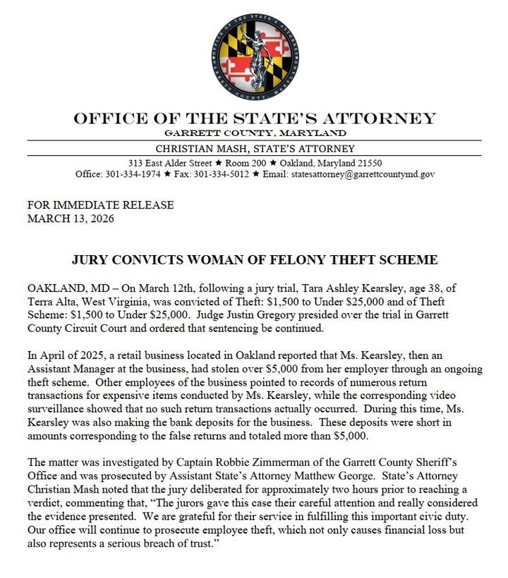 Jury Conviction in Garrett County Felony Theft Case