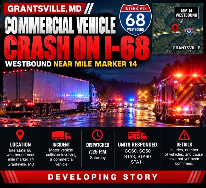 Commercial Vehicle Involved in Crash on I-68 Westbound Near Grantsville