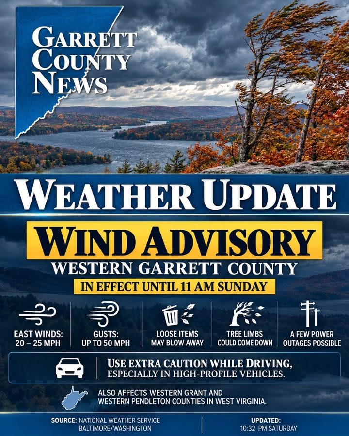 Wind Advisory for Western Garrett County Stays in Effect Until 11 AM Sunday