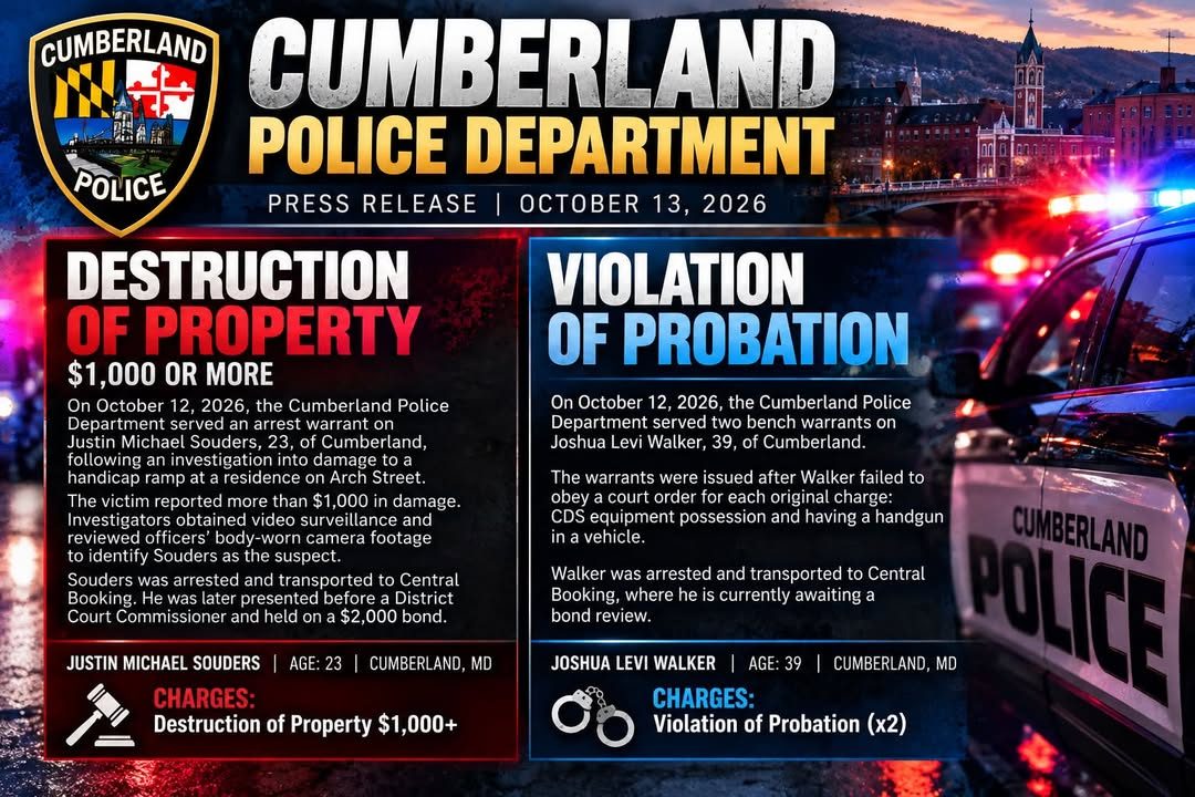 Cumberland Police Report Two Arrests in Separate Incidents