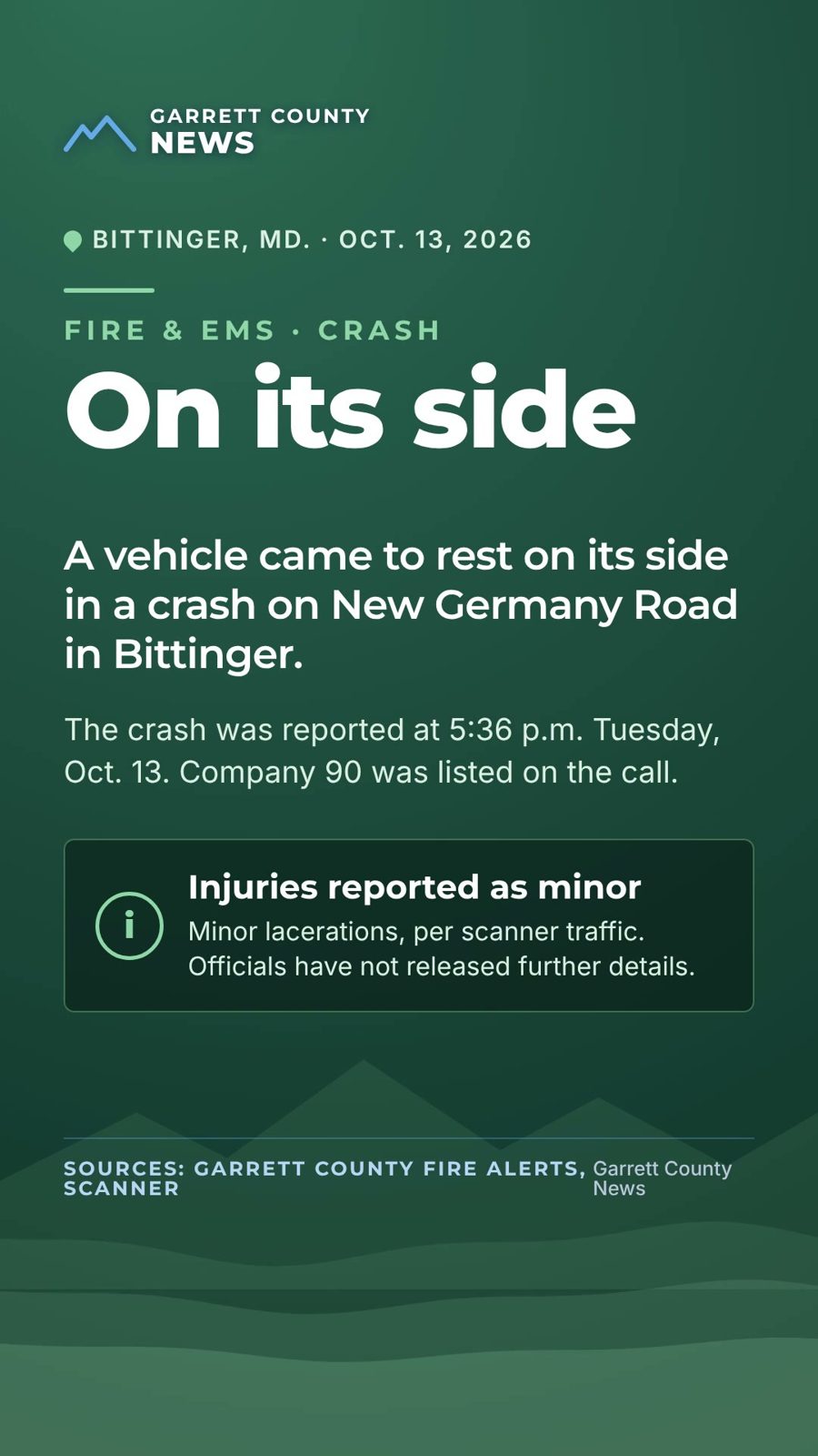 Car on its side in New Germany Road crash in Bittinger